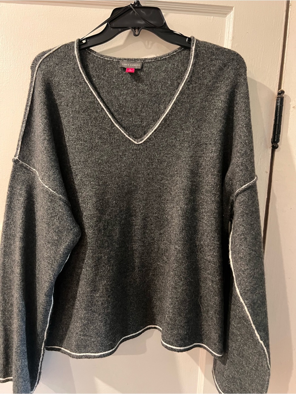 Vince Camuto Charcoal V-Neck Sweater with Contrast Trim